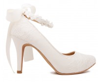 Carin Ivory White Satin Lace With Lace Ribbon Strap Wedding Shoes