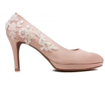 Valencia Nude Pink Satin With White Lace Wedding Shoes