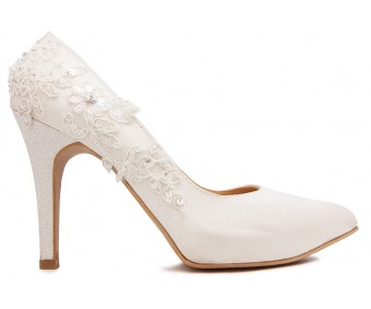 Valencia Ivory White Satin With White Lace Wedding Shoes