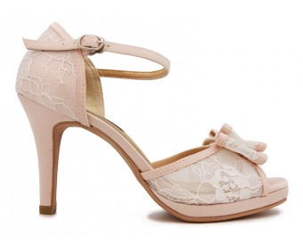 Janelle White Lace And Light Beige Satin Wedding Sandals