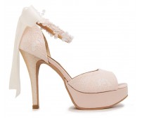 Noel Light Beige Satin With White Lace With Lace Ribbon Strap Wedding Shoes