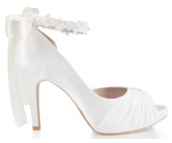 Adalee Ivory White Satin Chiffon With Lace Strap Wedding Shoes