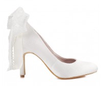 Isabella Ivory White Satin With Lace Bow Wedding Shoes