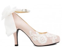 Isabel Nude Pink Satin With White Satin Bow And Lace Wedding Shoes