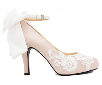 Isabel Nude Pink Satin With White Satin Bow And Lace Wedding Shoes