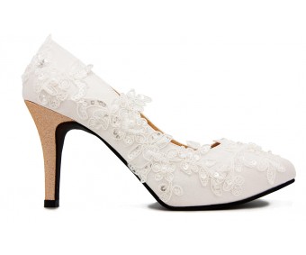 Olivia Ivory White Satin With White Lace Wedding Shoes