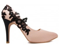 Valencia Nude Pink Satin With Black Lace Wedding Shoes