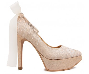 Lyna Champagne Glitter With White Lace Wedding Shoes