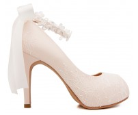 Carin Light Beige Satin With White Lace With Lace Ribbon Strap Wedding Shoes