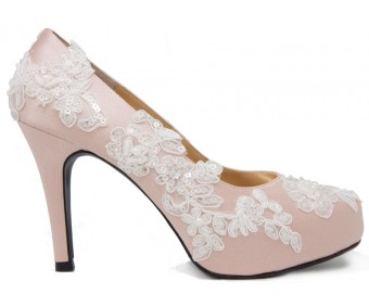 Olivia Nude Pink Satin With White Lace Wedding Shoes